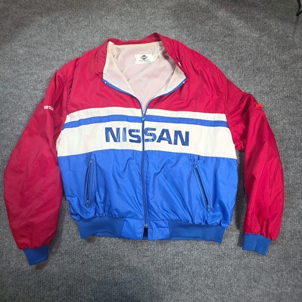 Vintage Nissan Team Jacket Mens Large Red Blue Full Zip Windbreaker Racing